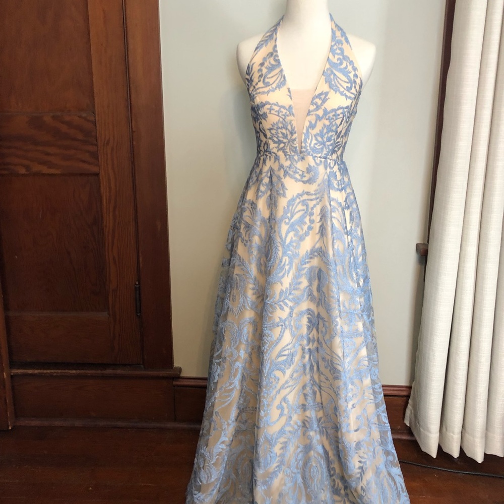 Blue and skin color halter top formal dress